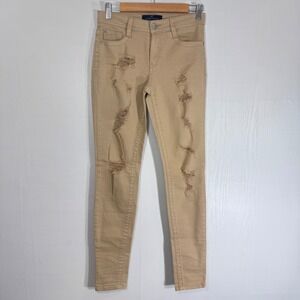 Almost Famous Womens Distressed Skinny Jeans Size 5 Tan Beige‎ Denim Pants